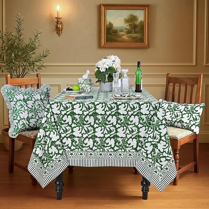 Ridhi Pantone Artichoke Hand Block Print Cotton Rectangle Tablecloth 190" x 72" inches Reusable Table Cover Decorative Everyday Use for Dining Room, Farmhouse, Home Gift for Spring, Mother's Day