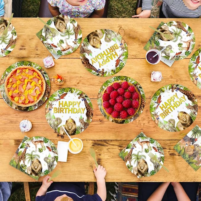 96Pcs African Safari Birthday Decorations Jungle Theme Plates Forks and Napkins Wild Animals Disposable Paper Plates for Jungle Zoo Lion Birthday Party Supplies Serves 24