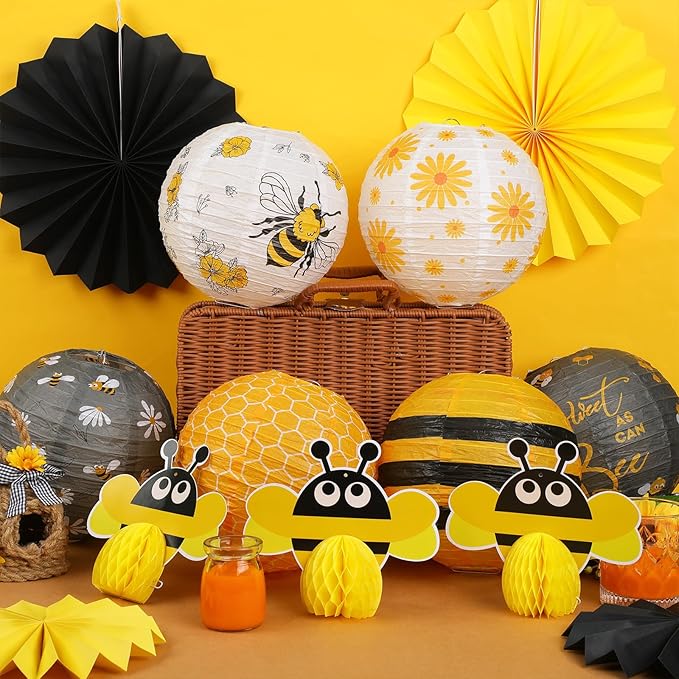 Retisee 18 Pcs Bee Honey Party Decoration.Yellow White Hanging Paper Lantern Bee Honeycomb Fans Honeycomb Ball for Honey Birthday Party Ceiling Decor Supplies