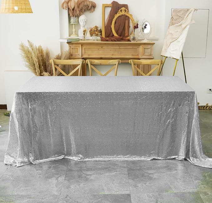 60 x 102 Inch Silver Sequin Tablecloth Rectangle Sparkle Table Cover for Wedding Birthday Party Festival Ceremony Cake Dessert Table Cloth