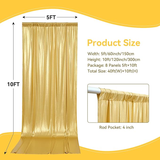 40x10 ft Wrinkle Free Gold Sequin Backdrop Curtain for Parties,Thick Not Fall Glitter Wedding Backdrop Drapes,8 Panels 5x10ft Shimmer Photo Wall Back Drop Cloth for Graduation Photography Background