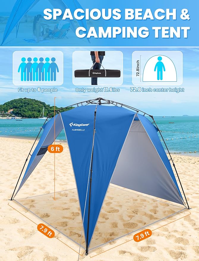 KingCamp Pop Up Canopy, Beach Tent for 6-8 Person 7.9' x 7.9' Outdoor Sun Shade with Detachable Sunshade for Camping, Beach, Garden & Backyard