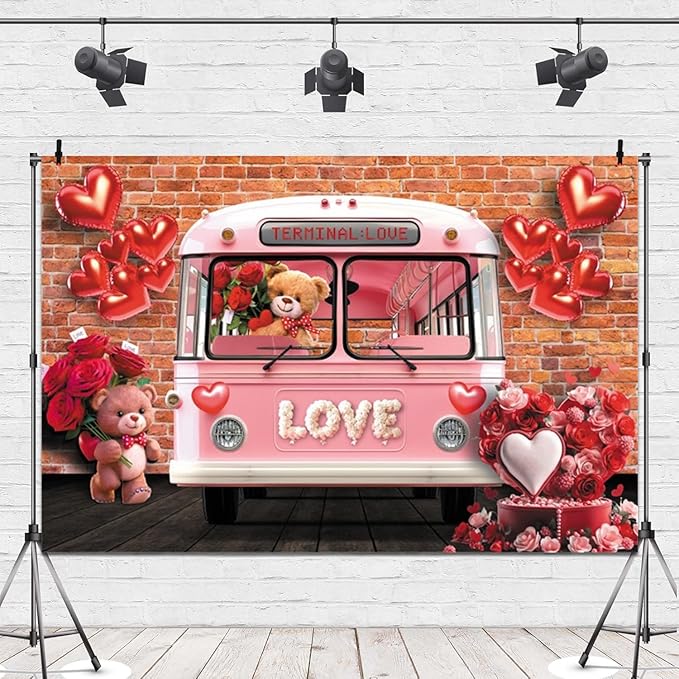 18x7ft Vinyl Vintage Valentines Backdrop Pink Bus Bear Brick Wall Photography Background Love Heart Balloon Party Decorations for Wedding Bridal Valentine's Day