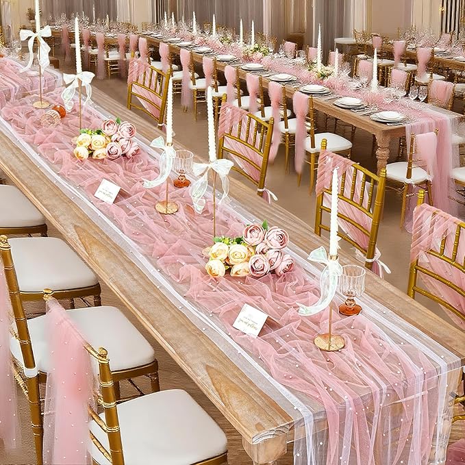 Pink Pearl Table Runner Wedding Decor: 10ft Pearl Table Runners 29x120 Inch 12-Packs Lace Chiffon Fabric for Baby Shower Decor Birthday Party Dining Table Indoor Outdoor (Dusty Pink)