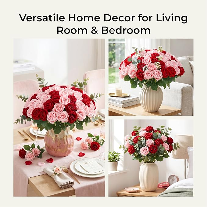 Auihiay 60PCS Artificial Roses, Pink and Red Roses, Velvet Silk Roses, Realistic Artificial Flowers for Father's Day, Wedding Centerpieces, Bridal Bouquets, Home Decor, Anniversary, Valentine's Day