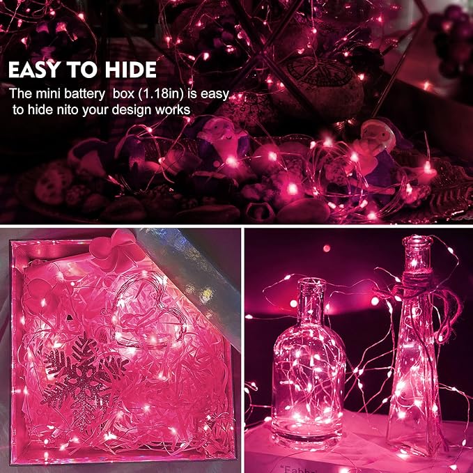 AIKEI 100 Pack LED Fairy Lights Battery Operated, Mini String Lights Waterproof 7 Feet 20 Led Firefly Starry Lamps for Wedding Party Bedroom Garden Valentines Christmas Decoration Pink