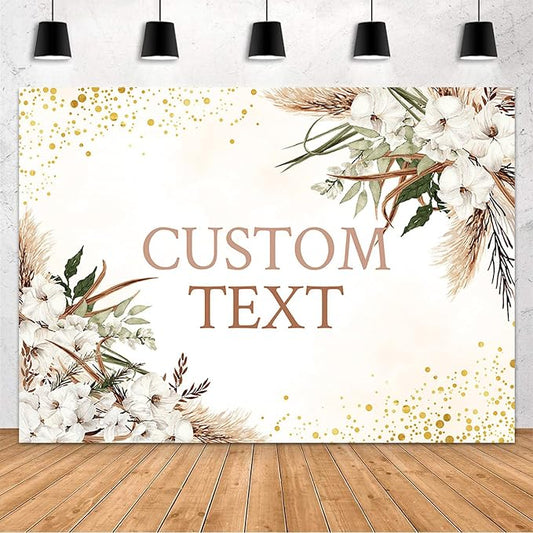 MEHOFOND Custom Boho Happy Anniversary Backdrop White Floral Bohemia Pampas Grass Anniversary Banner Cheers to Marriage Wedding Party Decorations Memorial Portrait Photo Booth Background 8x6ft