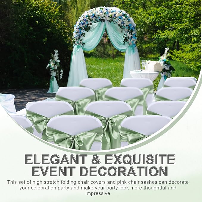 Lounsweer 50 Pcs Folding Chair Cover Set with 25 Stretch Spandex Slipcovers 25 Satin Chair Sashes Bows Ribbon Washable Banquet Protector for Wedding Event Party(White, Sage Green)