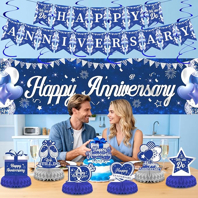 Blue Silver Wedding Anniversary Decorations Set Blue Happy Anniversary Banner Hanging Letter Banner Table Honeycomb Centerpieces Hanging Swirls Cake Topper for Men Women Wedding Anniversary Party