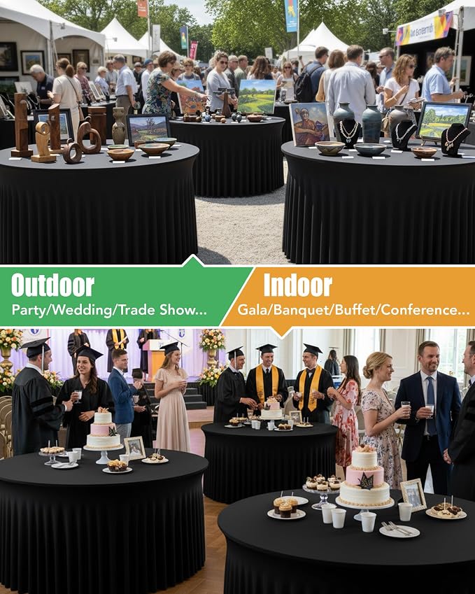 4 Pack Spandex Table Cover Skirts for 72 inch Round Tables, Black Stretch Table Cloths with Floor-Length Ruffle, Elastic Fitted Skirted Tablecloth for Elegant Wedding Banquet Party Buffet Decoration
