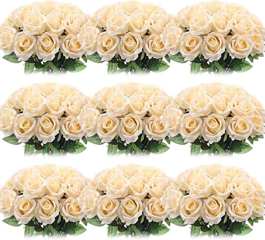 Jexine 100 Pieces Artificial Roses Flowers Bulk, Long Stem Realistic Fake Silk Roses Bouquet for Table Centerpiece Vases Wedding Party Kitchen Decor (Champagne)