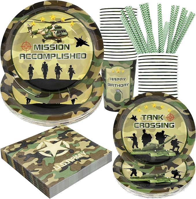 Recheel Army Birthday Party Supplies Decorations, Camo Theme Birthday Paper Plates and Napkins Set with Cups and Straws for 24 Guests, 120 Pcs Disposable Party Dessert Dinnerwares