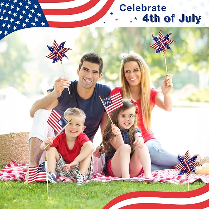 HOOSUN American Flags Patriotic Pinwheels,24 Pack 4th of July Decorations Small USA Flags On Stick With Fourth of July Pinwheels,Red White And Blue Memorial Day Decorations Patriotic Party Supplies