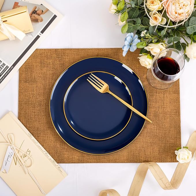 bUCLA 100PCS Blue Plastic Plates - Navy Blue Disposable with Gold Rim, Include 50 Each (10 inch Dinner & 7 inch Dessert) Plates, Ideal for Party & 4th of July