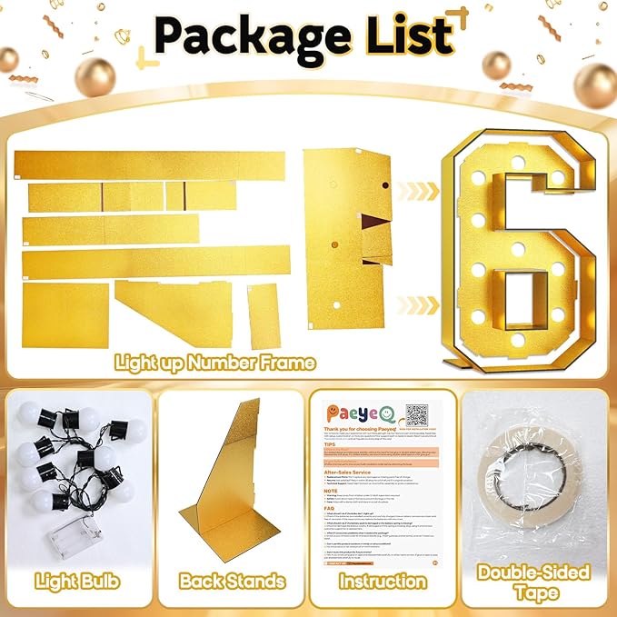 Number 6 Marquee, 4FT Light Up Numbers Gold Large Light Up Numbers Mosaic Number for 6th Birthday, Giant 4 Feet Tall DIY Frame Pre-Cut Foam Board Kit for Graduation Anniversary Party