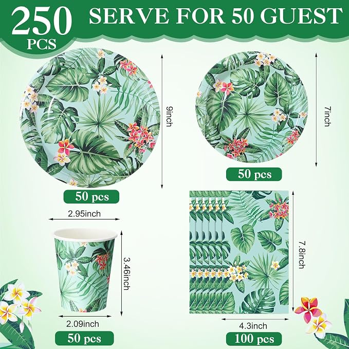 Pickmesh 250 Pcs Hawaiian Paper Napkins Plates Cups Set Tropical Nights Luau Party Supplies Hawaii Aloha Disposable Tableware for Summer Birthday Pool Beach Dinner, Serve for 50 Guests(Monstera)