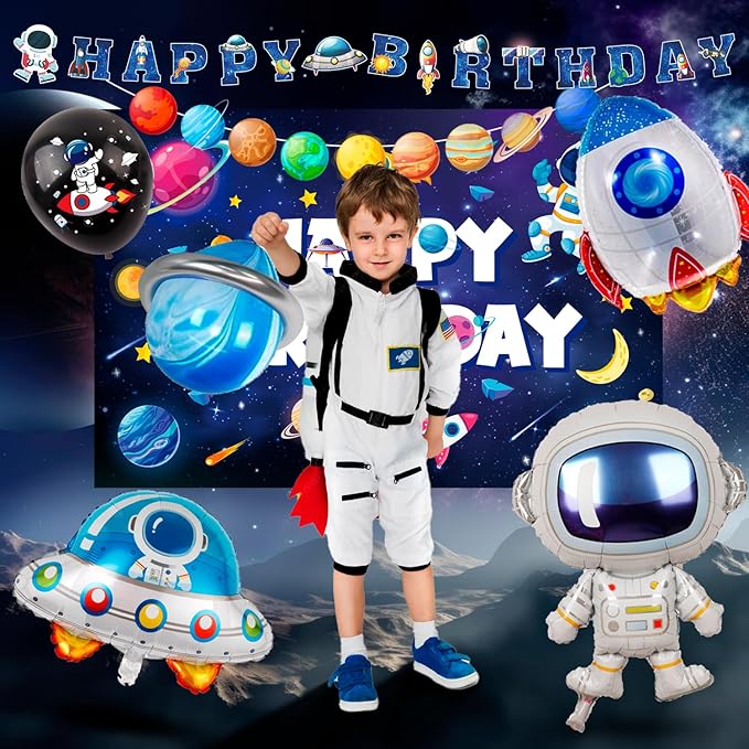 Space Birthday Party Decorations, 16 Guests Outer Space Birthday Tableware Set Outer Galaxy Party Plates Solar System Tablecloth Astronaut Balloons etc Space Astronaut Party Decorations