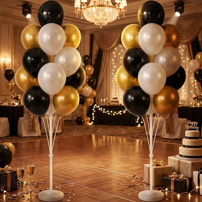 Balloon Column Kit Set of 2 With Balloons Included - Balloon Tower with Stand, Base, and Pole,Backdrop Decoration for Wedding, Baby Shower, Birthday Party, or Bachelorette Parties (Black Gold White)