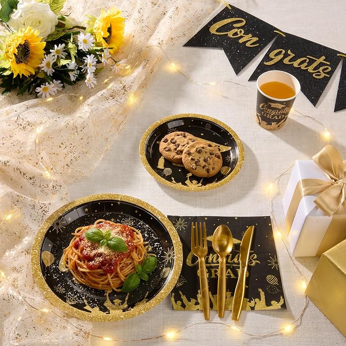 Goodluck Black & Gold 2026 Congrats Grad Disposable Tableware Sets, 175 PCS Graduation Party Supplies Include 9" & 7" Disposable Graduation Paper Plates, 9oz Cups, Napkins & Cutlery for 25 Guests