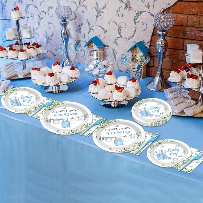 200Pcs Greenery Baby Shower Plates and Napkins Decoration Watercolor Blue Party Tableware Dinnerware Set A Sweet Boy Is On His Way Paper Plates for Baby Boy Gender Reveal Party Supplies Serve 50