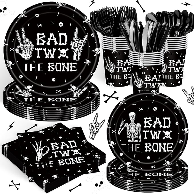 140PCS Bad Two The Bone Theme Party Decorations Boy Rock And Roll Birthday Tableware Include Plates,Napkins and Cups for Birthday Party Decorations
