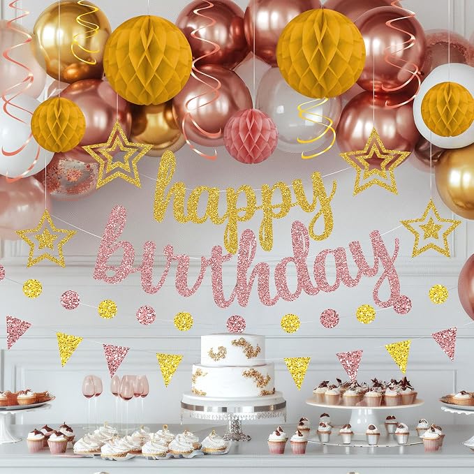 Rose Gold and Gold Birthday Party Decorations Set - Happy Birthday Banner Balloons Foil Curtains Hanging Swirls for Women Girls Birthday Party Supplies