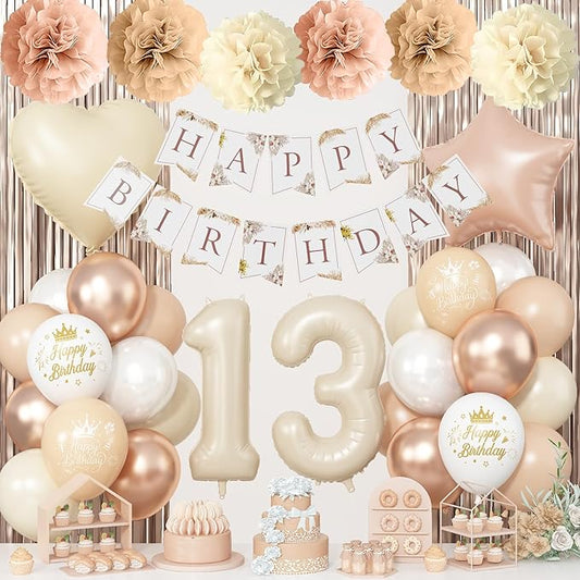 13th Cream Birthday Decorations for Girls, Beige Number 13 Heart Brown Star Balloons Neutral White Gold Nude Balloons with Boho Happy Birthday Banner Aesthetic Fringe Curtain Tissue Paper Pom Poms