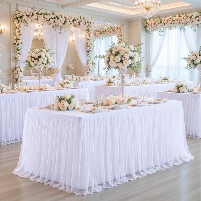 2 Pack White Tulle Tablecloths for 6 Foot Rectangular Tables, 6ft Wrinkle Free Spandex White Table Cover with Tutu Skirt for Wedding Bridal Shower Birthday Party Banquet Baby Shower Events Decorations