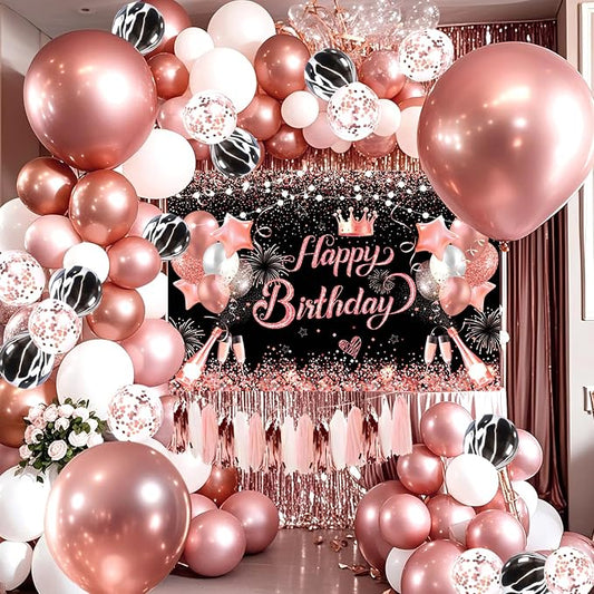 Rose Golden Happy Birthday Party Balloons Decorations Set, 80 PCS | with Photo Background Backdrop, Happy Birthday Sign Cloth, 3PCS 18inch Metal Pink Gold Balloons, Rose Gold Confetti Balloons