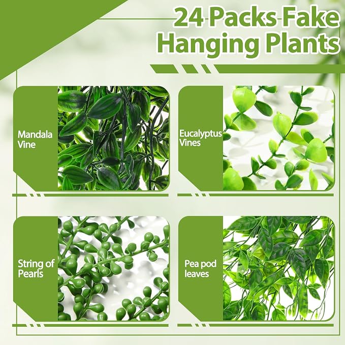 Daifunli 24 Pcs Artificial Hanging Plants Fake Hanging Ferns Plastic Fake Plants for Wall Room Garden Garland Indoor Outdoor Decor No Basket (Eucalyptus,Mandala,String of Pearls,Pea)
