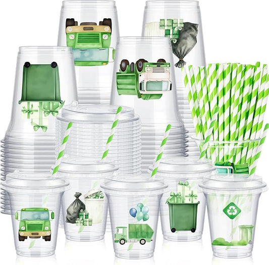 FoldTier 60 Set Garbage Trash Truck Plastic Cups 14 oz Disposable Clear Cups with Lids and Paper Straws for Trash Truck Party Favor Supplies Decorations