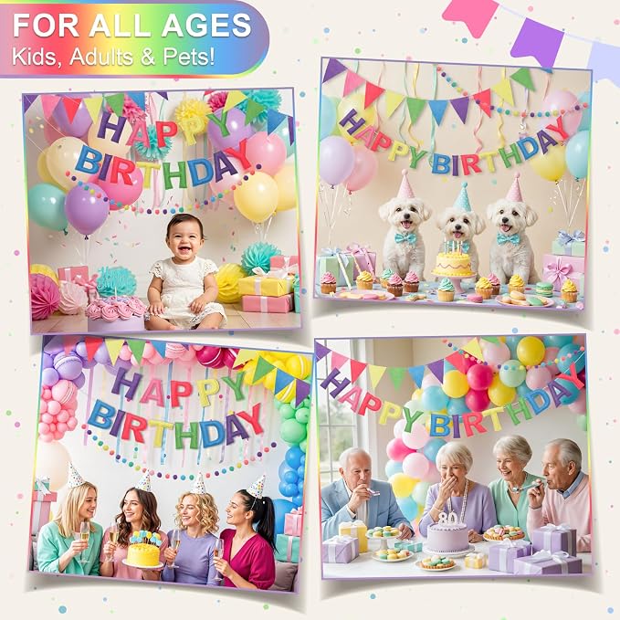 Pre-Strung Happy Birthday Banner & Felt Garland Set - Pastel Birthday Decorations for Women Girls | Reusable Party Supplies for Indoor & Outdoor
