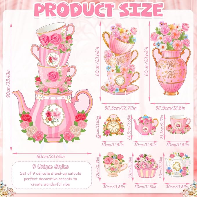 9 Pcs Tea Party Decorations Set, Large Floral Cutouts with Stand, Vintage Teapot Cup Decor for Girls Birthday, Bridal Shower, Photo Backdrop Supplies