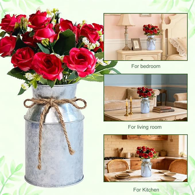 Set of 6 Wedding Flower Centerpiece for Tables Decorations, Red Artificial Roses Bouquet with Metal Vase, Faux Flower Arrangement for Party Bridal Shower Party Event (Silver Vases & Red Roses)