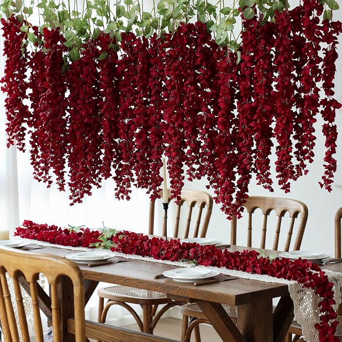 mizii 6Pcs Burgundy Wisteria Hanging Flowers 48" Silk Wisteria Artificial Flowers Garland Vines Fake Hanging Flower Decoration for Wedding Wall Backdrop Centerpieces Party Room Decor (Burgundy Red)