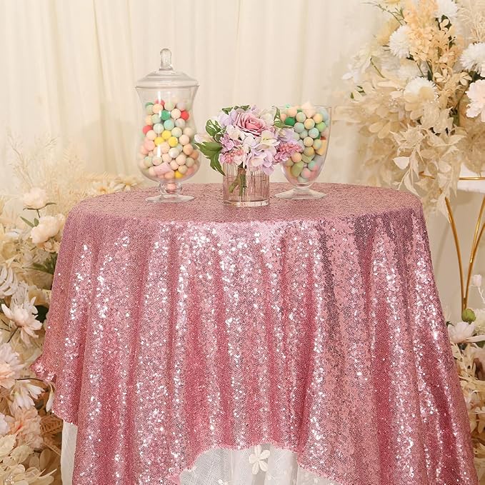 Eternal Beauty Fuchsia Pink Tablecloth, 50x50 Inch Sequin Square Table Cover for Mother's Day Cake Dessert Exhibition Party Birthday Events