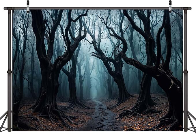 15x10ft Halloween Forest Backdrop Haunted Mist Forest Witch Creepy Scene Dark Pathway Scary Trees Spooky Foggy Woods Background for Halloween Birthday Party Decorations Photo Booth Studio Props