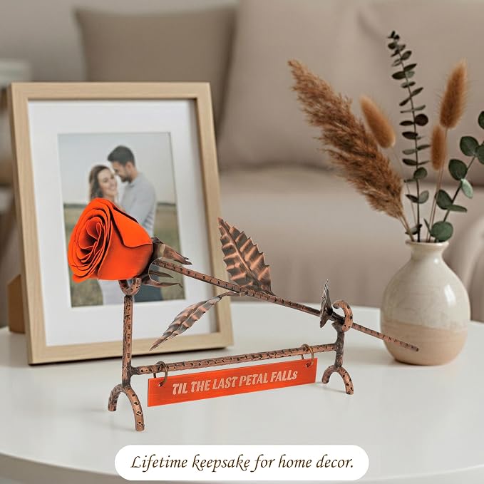 Copper Rose with Orange Bud & Engraved Bronze Plate – 8th & 19th, Personalized Metal Rose, Unique Romantic Gift, Statement Home Decor