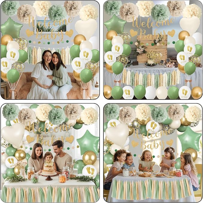 Sage Green Baby Shower Decorations, Welcome Baby Banner Olive Green Gold White Sand Confetti Latex Foil Balloons with Oh Baby Cake Topper Pom Poms Tassels for Boho Neutral Gender Reveal Party Supplies