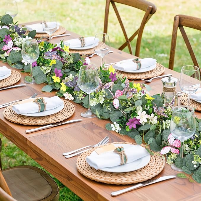 2PCS Artificial Daisy Garland with 3D Butterfly 5.68FT Fake Wildflower Garland Spring Flowers Garlands Greenery Eucalyptus Floral Vines for Home Table Mantle Wedding Backdrop Decor