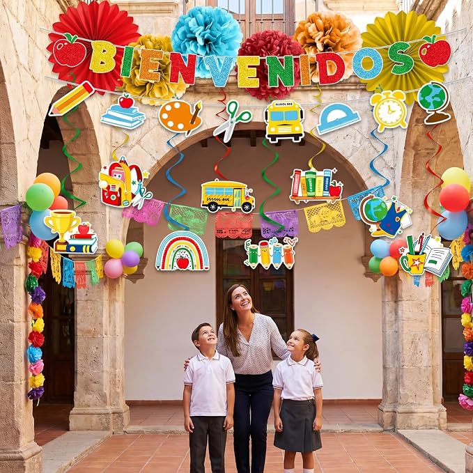 Welcome Back to School Decorations - 16PCS Spanish Bienvenidos Party Banners Hanging Swirls Paper Fans Pompoms Decor, First Day of School Classroom Party Home Decor Supplies