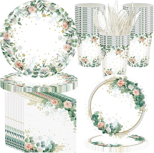 400 Pcs Sage Green Color Party Supplies Serve 50 Guests Eucalyptus Flowers Disposable Paper Plates Napkins and Cups for Bridal Baby Shower Birthday Wedding Party Decorations(Green,Elegant)