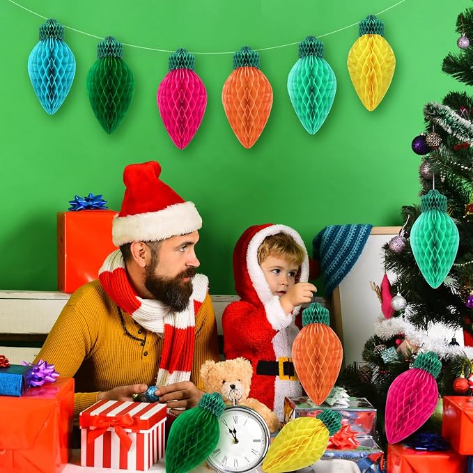 12 Pcs 12" Vibrant Jumbo Christmas Lights Honeycomb Hanging Decoration Large 3D Light Bulb Land Xmas Assorted Colors Light for Christmas Tree Mantal Ceiling Classroom Ornament