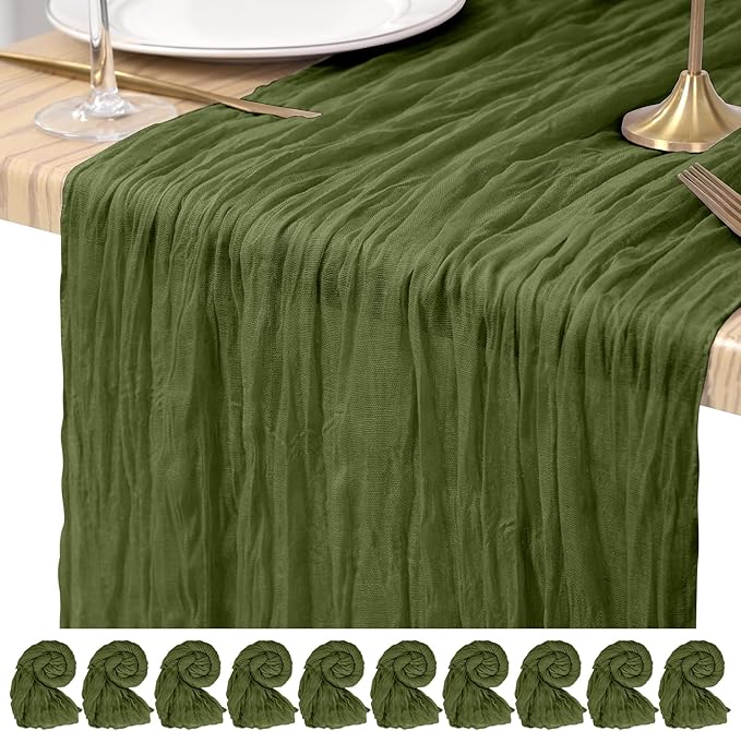 10 Pack Cheesecloth Table Runner Olive Green, Rustic Boho Gauze Fabric Table Runner Romantic Table Runner for Wedding, Festival, Birthday, Anniversary, Dinner and Outdoor Events (17.7 x 108 inch)