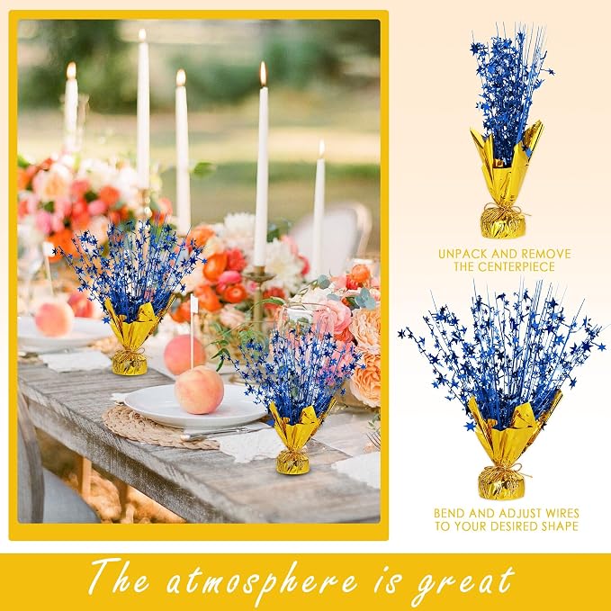 8 Pack Metallic Star Spray Centerpieces for Tables - Bulk 12.4" Foil Fountain Table Decorations for Large Events, Graduation 2026, Wedding Reception (Glod Blue)