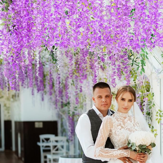 25 Pack Purple Artificial Wisteria Hanging Flowers,Fake Hanging Wisteria Garland for Decoration (3.6 Ft/Pcs)