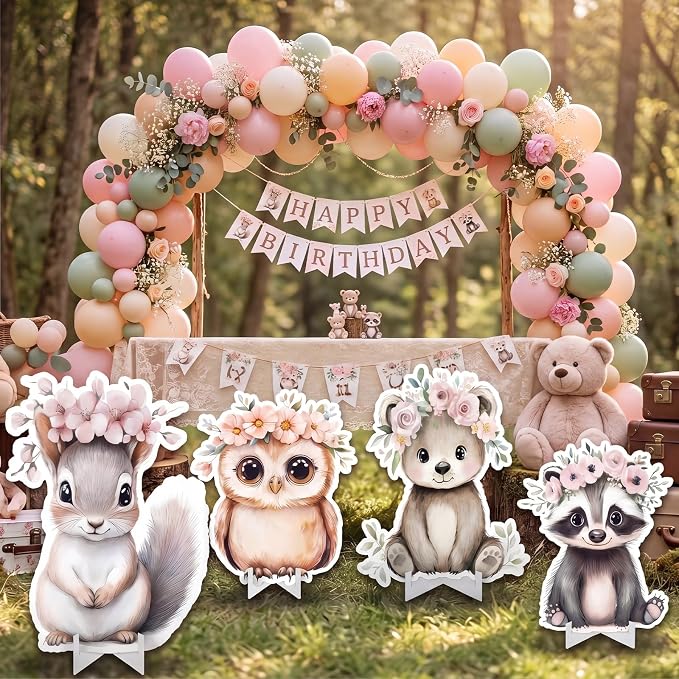 Honoson 4 Pcs Large 22" x 30" Forest Animal Baby Shower Cardboard Cutouts, Bunny Bear Spring Woodland Wild Creature Party Decoration Yard Signs for Birthday Party Supplies Lawn Decor