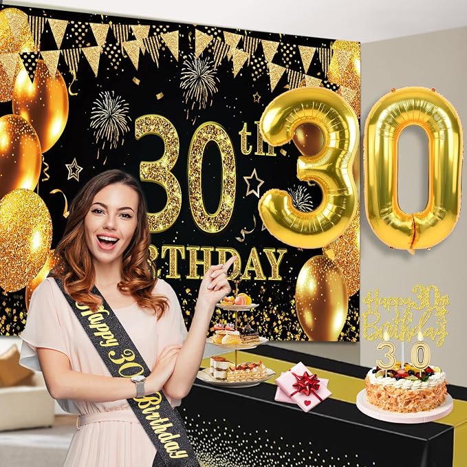 30th Birthday Decorations for Him Her with 30th Birthday Banner, Black and Gold Table Cloth, Number Balloons, Large Sash, Cake Topper and Candles