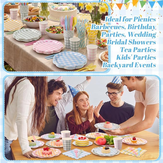 450 Pcs Gingham Tableware Set Decorations Pastel Plaid Paper Plates Napkins Cups Cutlery Straws Checkered Dinnerware Set for Baby Shower BBQ Picnic Birthday Party Supplies, Serves 50