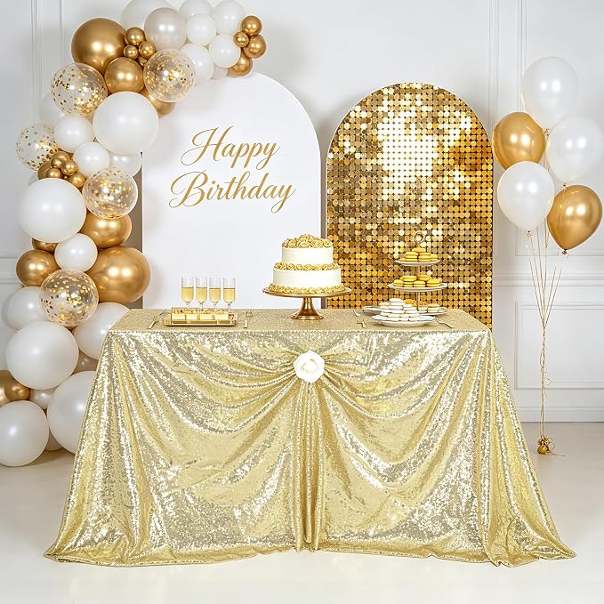 MoKoHouse Tablecloth Rectangle 90x156 Light Gold Sequin Table Cloth Seamless Glitter Fabric for Home Party Wedding Decor Christmas Decorations
